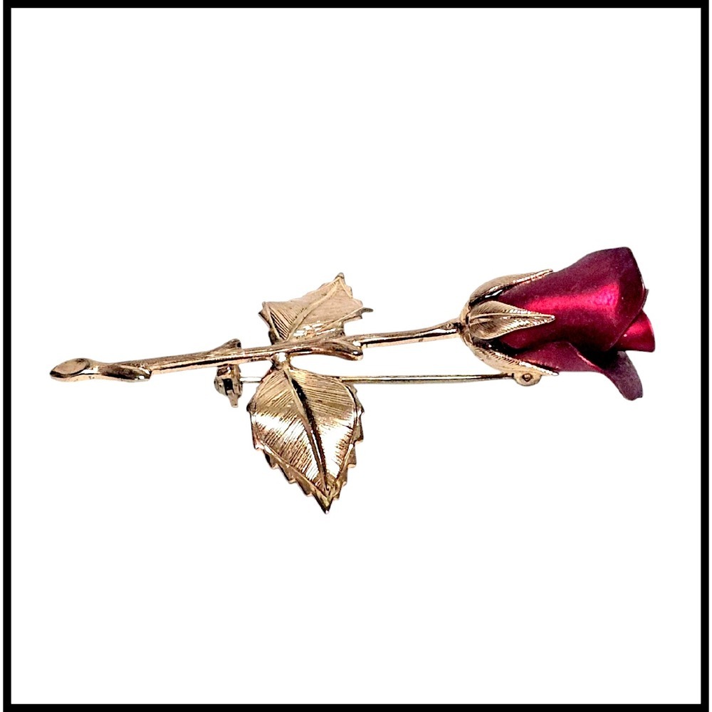 Rose Flower Brooch Pin Gold Tone Red Enamel Floral Lapel Jewelry